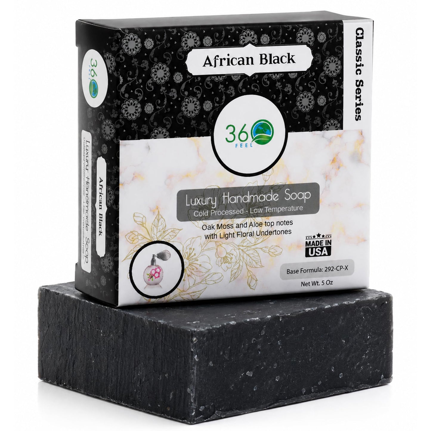 360Feel African Black Soap - Made in The USA - Castile Handmade, All-Natural, Cold-Processed - Infused with African Black Soap and a Soothing Scent - Rich, Creamy Lather (5 oz)