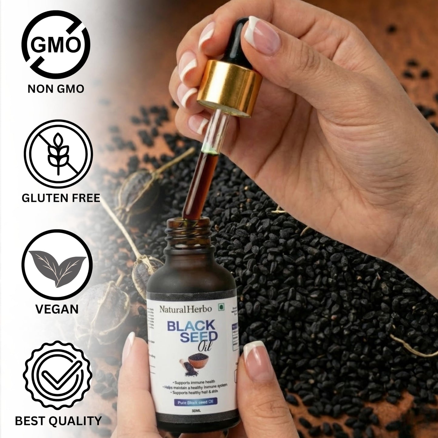 NaturalHerbo Pure Black Seed Oil for Skin, Hair and Scalp | Cold Pressed Nigella Sativa 30ml Herbal Oil for Hairs | Support Immune Health | Non-GMO Natural Supplement for Joints, Skin and Hairs