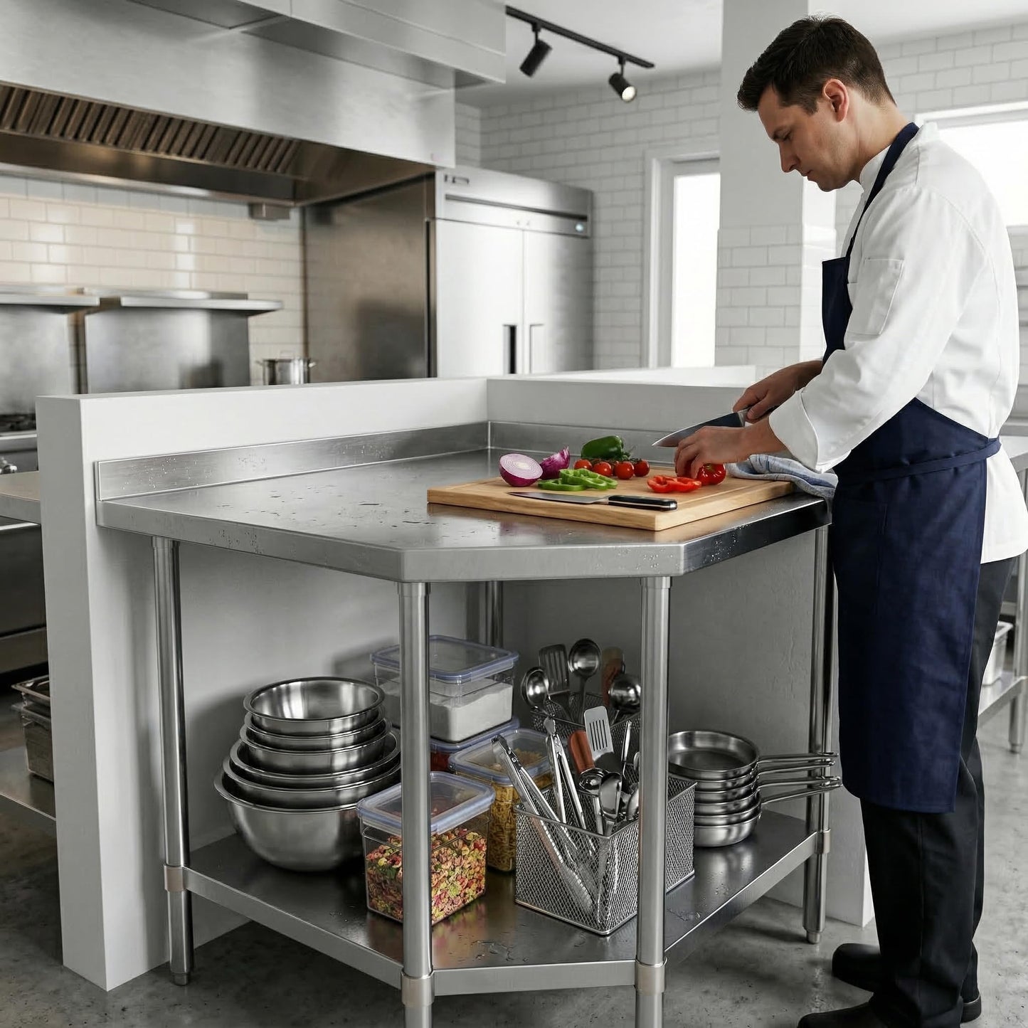 Stainless Steel Corner Work Table 32 in. x 32 in. x 35 in. with 1.5 in. Backsplash, Galvanized Undershelf, 5 Leg Support, Commercial Prep Table for Restaurant Kitchen Utility