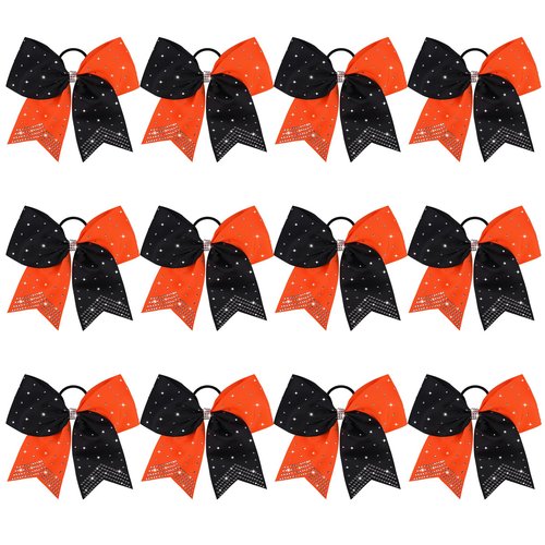 CEELGON Large Rhinestones Cheer Bows, 12 PCS Glitter 7" Cheer Bows Ponytail Holder for Cheerleaders Girls Softball Sports Competition (Orange/Black)