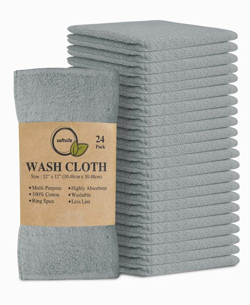 Softolle 100% Cotton Ring Spun Wash Cloths – Bulk Pack of Washcloths – 12x12 Inches – Wash Cloth for Face, Highly Absorbent, Soft and Face Towels (Silver Grey, 24 Pack)