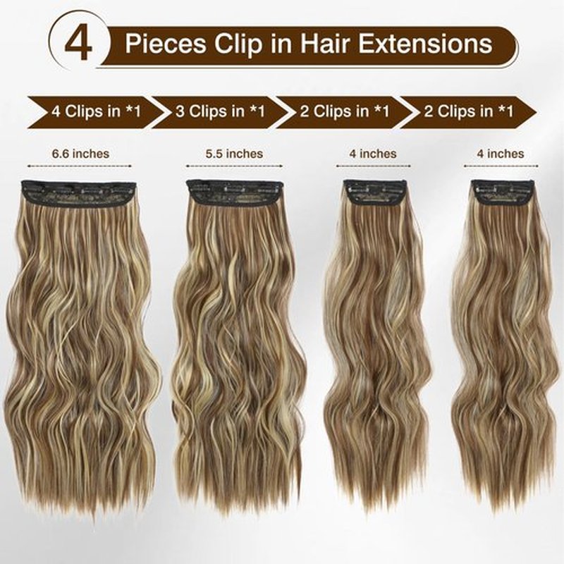 Clip In Hair Extensions Long Wavy Hair Extensions 4PCS Medium Brown Highlighted Blonde Clip Ins for Women Thick & Full Head Synthetic Hairpieces