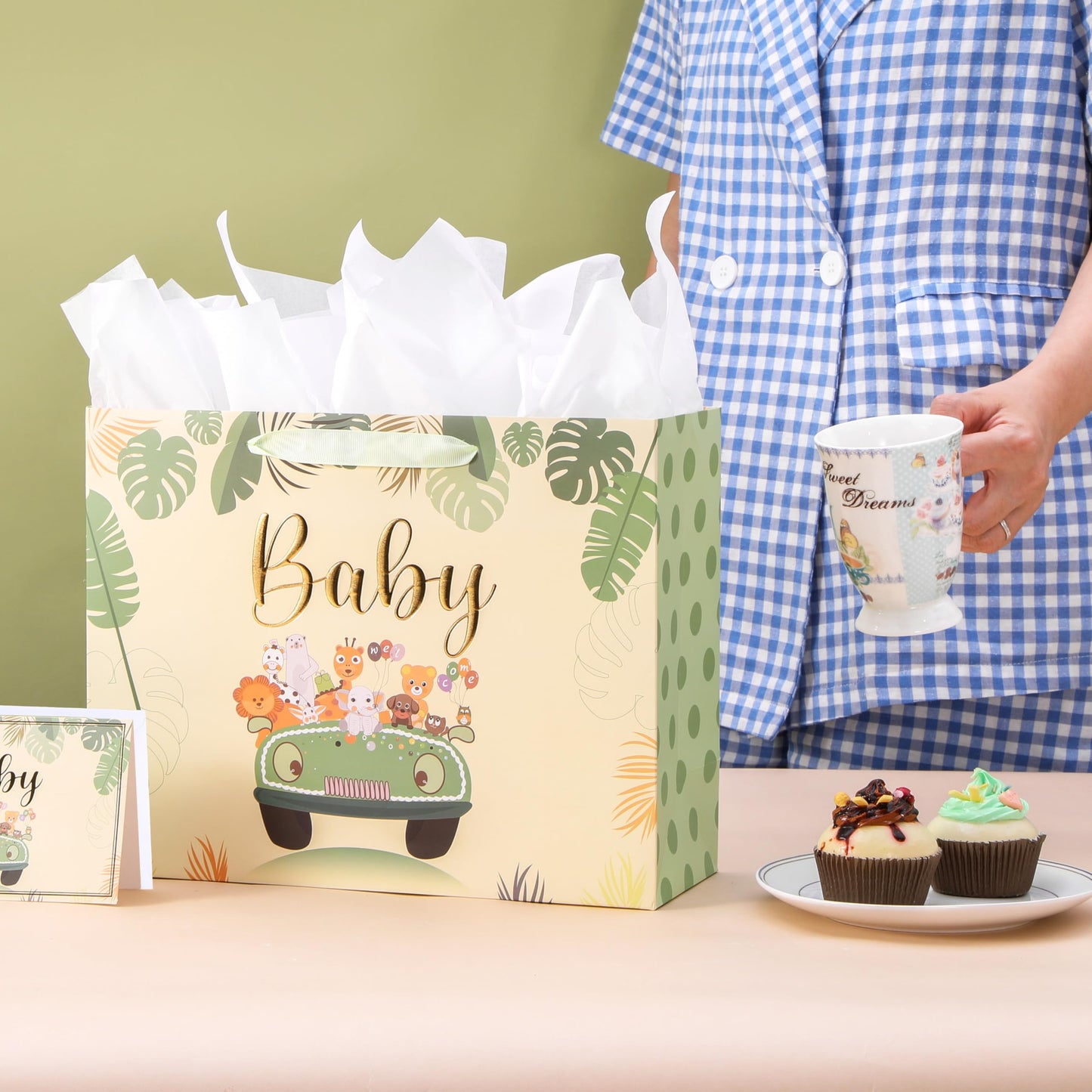 Bobobag 13" Sage green Gift Bag for Baby shower,Newborn gift bag with Tissue Paper and Greeting Card.