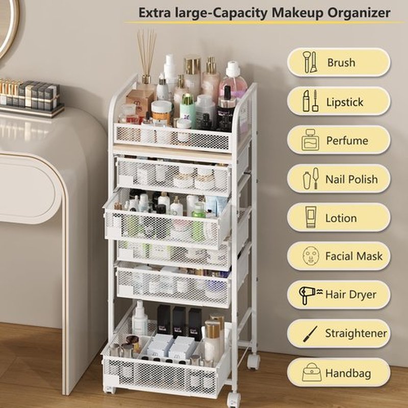 MODCART Makeup Organizer with 5 Drawers, Skincare Storage, Floor Skincare Organizers with Wheels Nameplates,Vanity Cosmetic Holder for Perfume, Nail Polish, Brushes, White