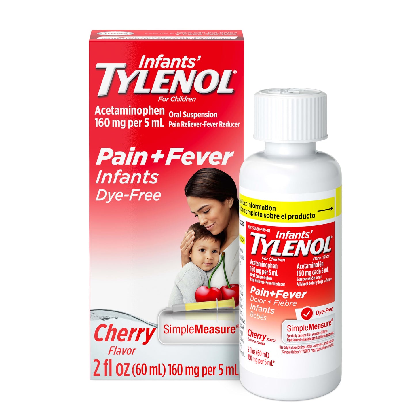 Infants’ Tylenol Dye Free Acetaminophen, Free of Alcohol, Aspirin and Ibuprofen, Oral Suspension, Pain Relief, Fever Reducer, Includes SimpleMeasure Dosing Syringe, Cherry Flavor, 2 Fl Oz