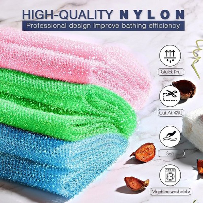 3 Piece Bright Style African exfoliating net Exfoliating Shower Set Long Bath Sponges for Smooth, Refreshed Skin, The Exterior Gleams - Ideal for Daily Use (Bright Pink, Blue, Green)