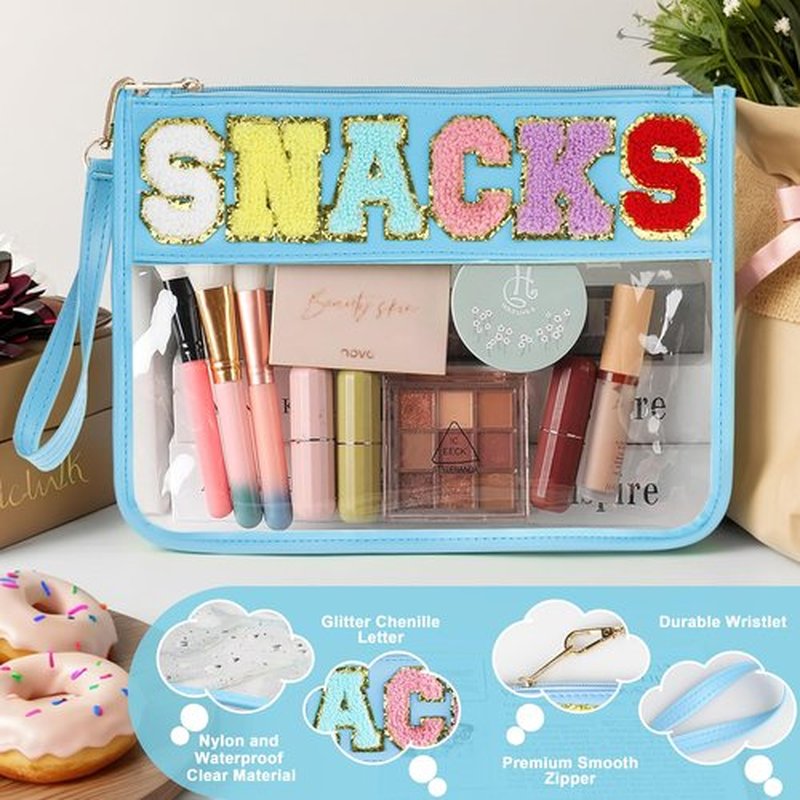 Snack Bag for Travel - Clear Chenille Varsity Letter Flat Pouch with Zipper, Waterproof Clear PVC&PU Preppy Patch Makeup Cosmetic tote Bags for Women Girls (Blue-Snacks)