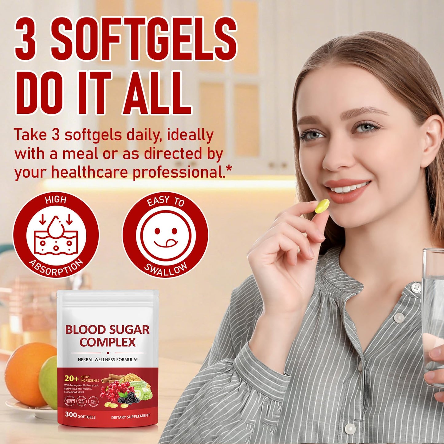 300 Softgels Blood Sugar Complex Supplement | 20+ Active Herbs-Berberine, Cinnamon, Bitter Melon, Mulberry Leaf, Fenugreek, Vitamins for Energy Level, Vitality Support | Clean Formula