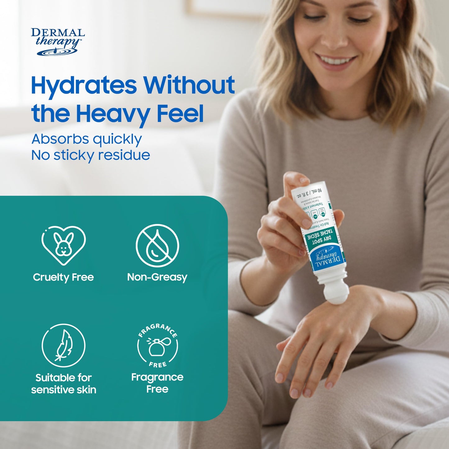 Dermal Therapy Dry Spot Treatment Roll-On with 10% Urea & 6% AHAs – Hydrating & Exfoliating Care for Very Dry Skin on Feet, Heels, Elbows & More – Fragrance-Free, Hands-Free Application