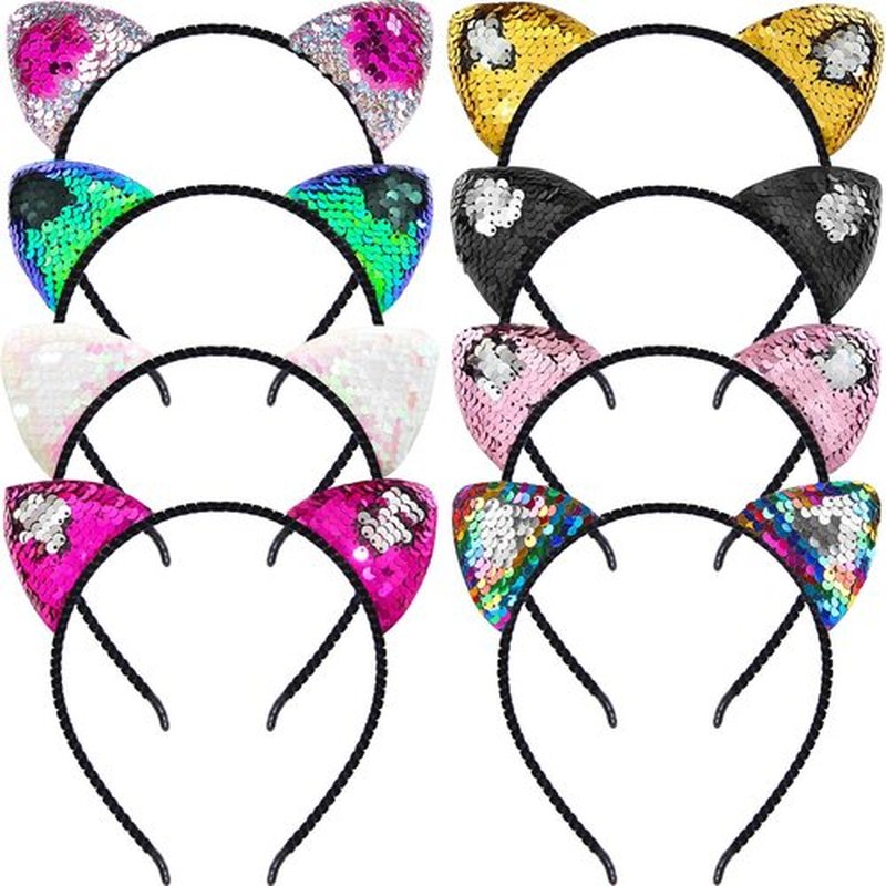 Beinou Reversible Sequin Cat Ears Headband Shiny Cat Ear Hair Hoops Cute Bling Hairband Hair Accessories for Women Girl