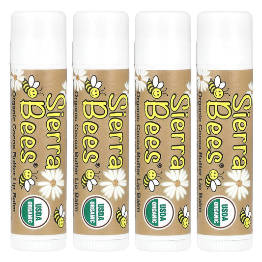 Sierra Bees Organic Lip Balms, Cocoa Butter, 4 Pack, 0.15 oz (4.25 g) Each