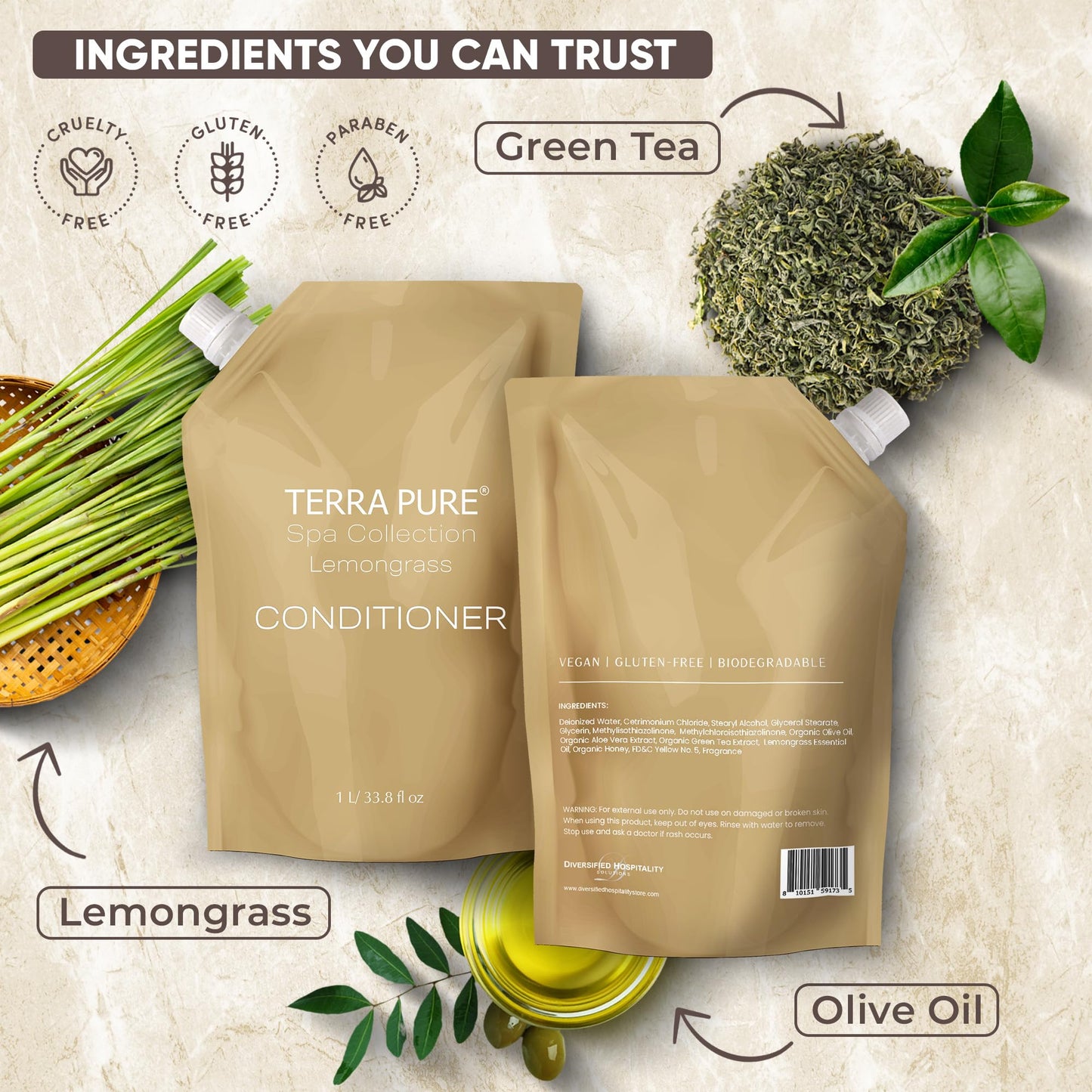 Terra Pure Spa Collection 1 Liter Conditioner Refill Bag For Soap Dispensers | Bulk Toiletries for Vacation Rentals, and Home Bathroom Showers | Green Tea Lemongrass | Set of 12