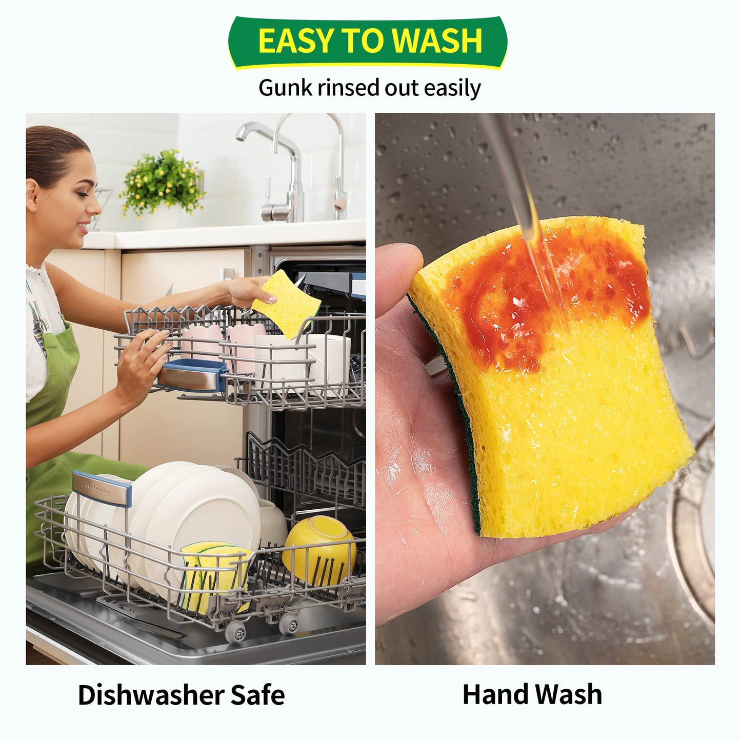 HOMERHYME Heavy Duty Scrub Sponge 24 Pack, Eco Cellulose Kitchen Dish Sponge Multipurpose Ergonomic for Washing Dishes, Uncoated Cookware & Household Cleaning.