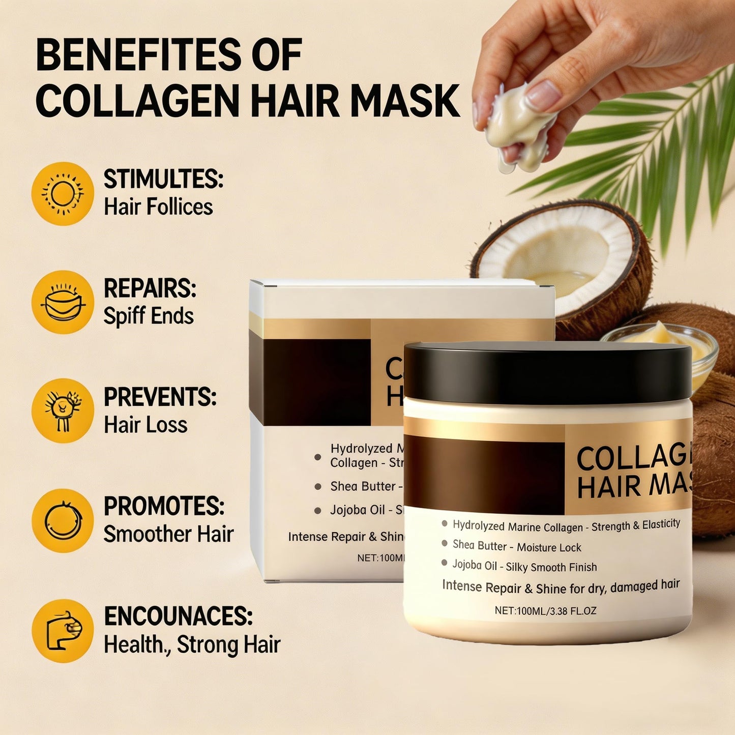 BlueBouff Keratin & Collagen Deep Conditioning Hair Mask, Intensive Hydration for Dry, Damaged Hair, Long-Lasting Moisturizing Treatment, Suitable for All Hair Types, 3.38oz