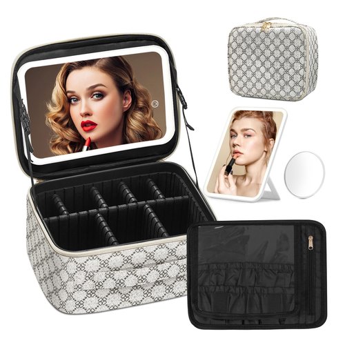 Omobolanle Makeup Bag with Mirror Led Light Detachable Portable Makeup Organizer Travel Train Case with Adjustable Dividers and 10x Magnifying Mirror Cosmetic Toiletry Bag White/Grey