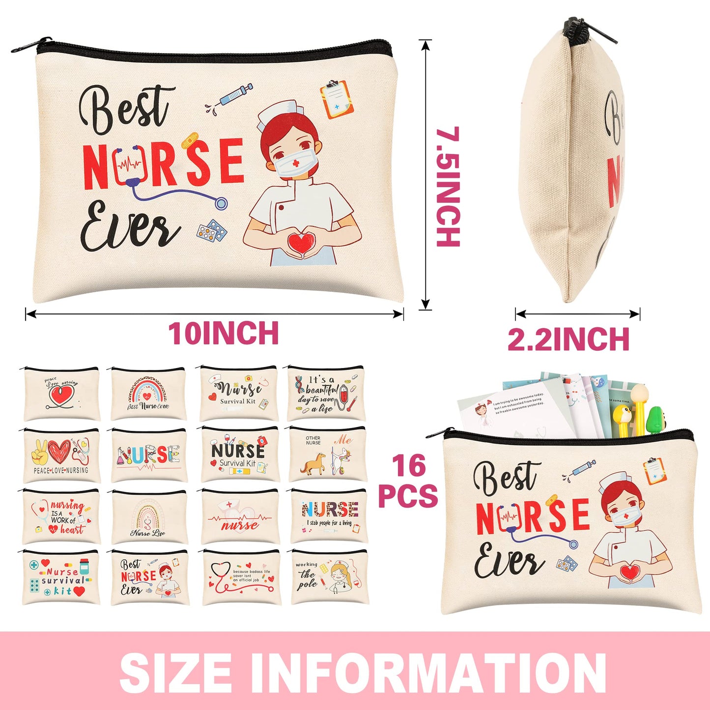Kolewo4ever 16 Pieces Nurse Survival Kit Nurse Practitioner Gifts Nurse Appreciation Gifts CNA Week Gifts Nursing Makeup Bags Cosmetic Funny Travel Pouch Bag for Women Nurses