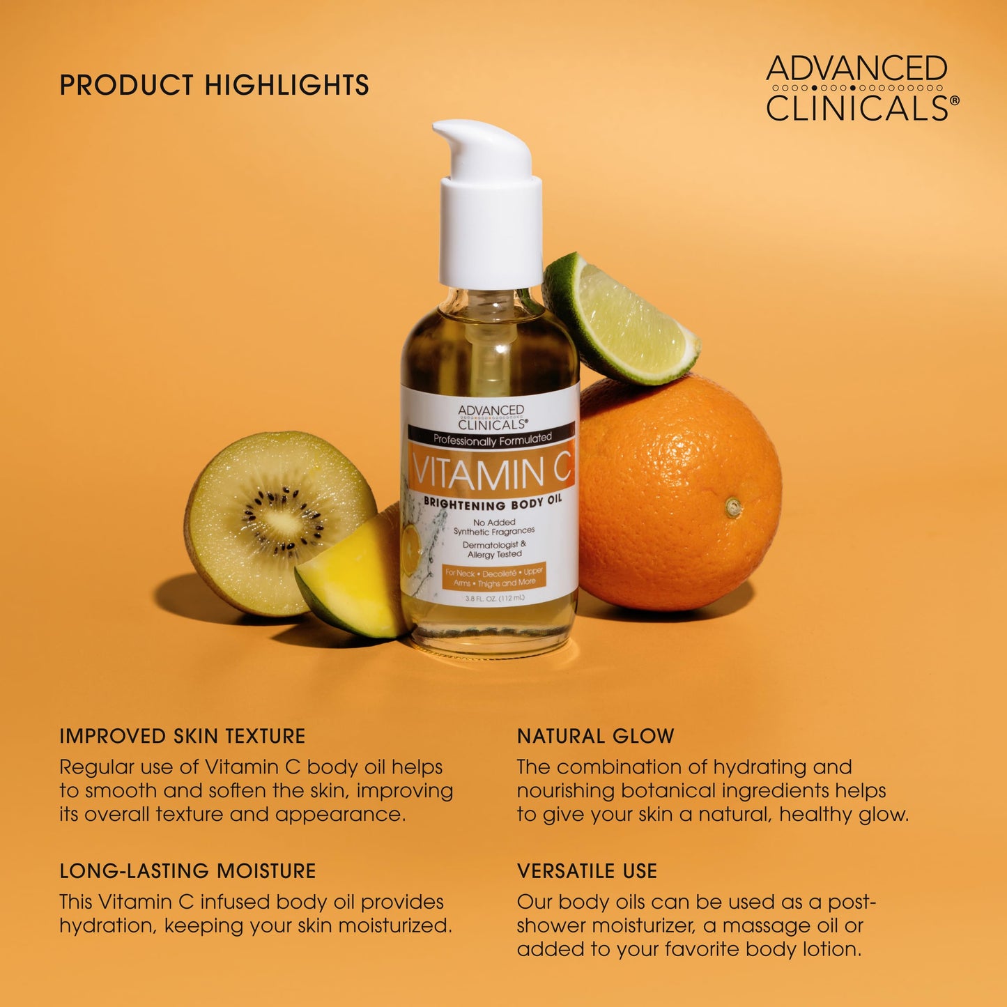 Advanced Clinicals Collagen Body Oil + Vitamin C Brightening Body Oil Moisturizer 2pc Skincare Set - Nourishing, Brightening, & Firming Massage Oil To Improve Look Of Crepe Skin + Dark Spots, 2PC Set