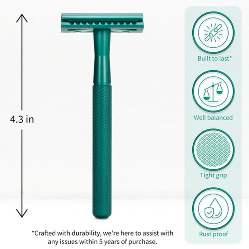 Bambaw Men Safety Razor with 5 Double Edge Safety Razor Blades, Single Blade Razor for Men & Women, Plastic Free Metal Razor – Sea Green