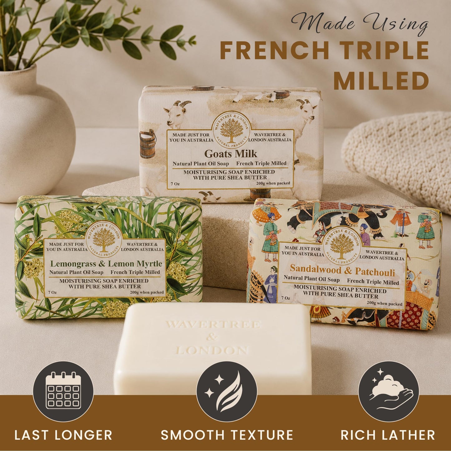 Wavertree & London Trio Gift Box (3 Bars) - 7oz Lemon Myrtle, Goats Milk, Sandalwood Patchouli Scented Moisturizing Triple Milled Natural Soap Bars - Pure Plant Oil Soap Bars for All Skin Types