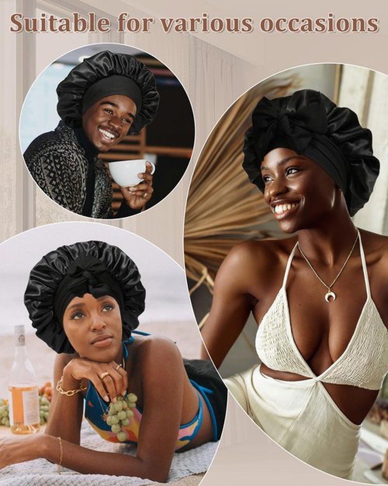 Reversible Satin Bonnet for Sleeping Women Silk Bonnet Double Layer Hair Bonnet with 2PCS Hair Scrunchies Elastic Tie Band Night Cap Hair Wrap for Natural Curly Hair (Black+Red)