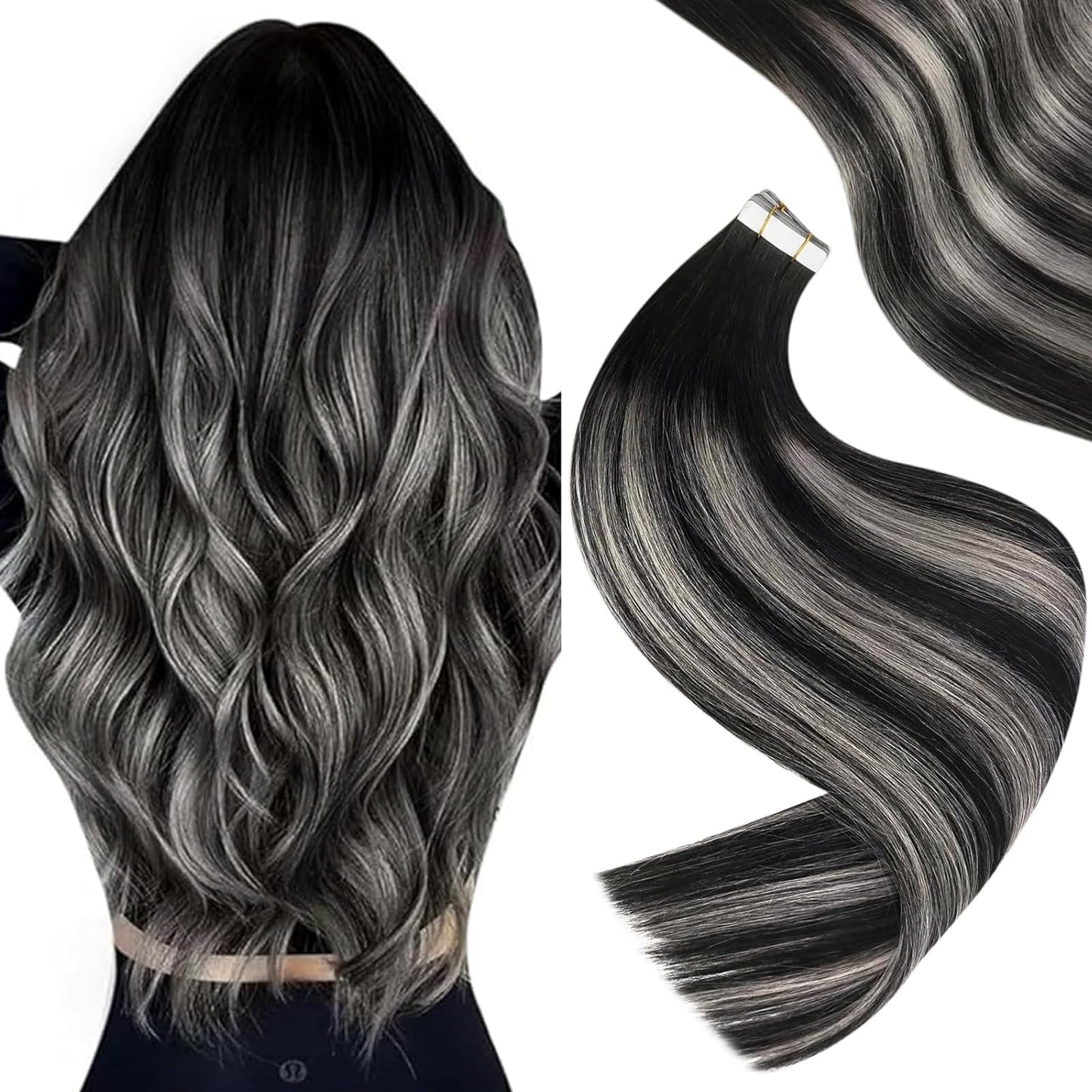 Easyouth Tape in Hair Extensions Black Silver Tape in Extensions Human Hair Ombre Black to Silver Hair Extensions Real Human Hair Tape in Balayage 12 Inch 20Pcs 30g