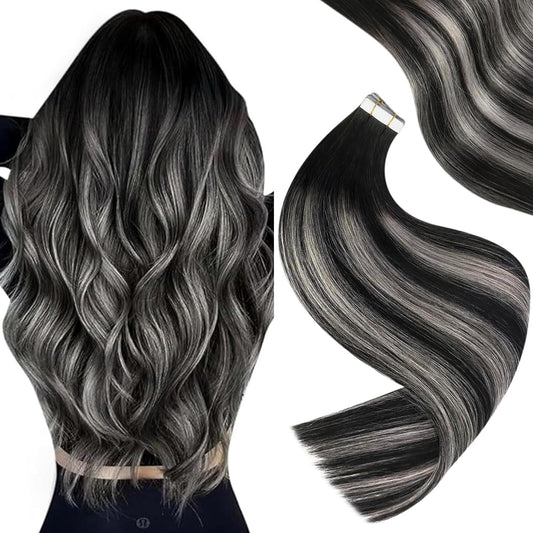 Easyouth Tape in Hair Extensions Black Silver Tape in Extensions Human Hair Ombre Black to Silver Hair Extensions Real Human Hair Tape in Balayage 12 Inch 20Pcs 30g