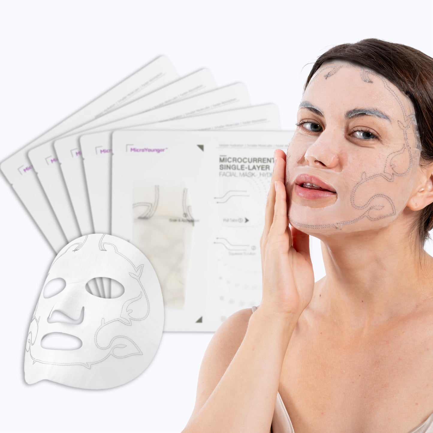 MicroYounger Microcurrent Self-Powered Facial Mask – Deep Hydrate, Anti-Aging, Enhance Absorption & Boost Collagen with Ectoin, Niacinamide & Hyaluronic Acid, All Skin Types & Home Spa Use – 5 Pack