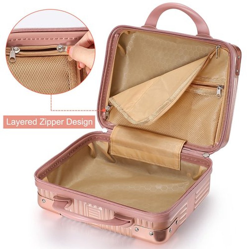Noverlife Portable Makeup Travel Case Hand Luggage 12 Inch, Pressure-proof ABS Carrying Makeup Case Suitcase with Elastic Band, Small Hard Shell Cosmetic Case for Travel Camping Women Girl - Rose Gold