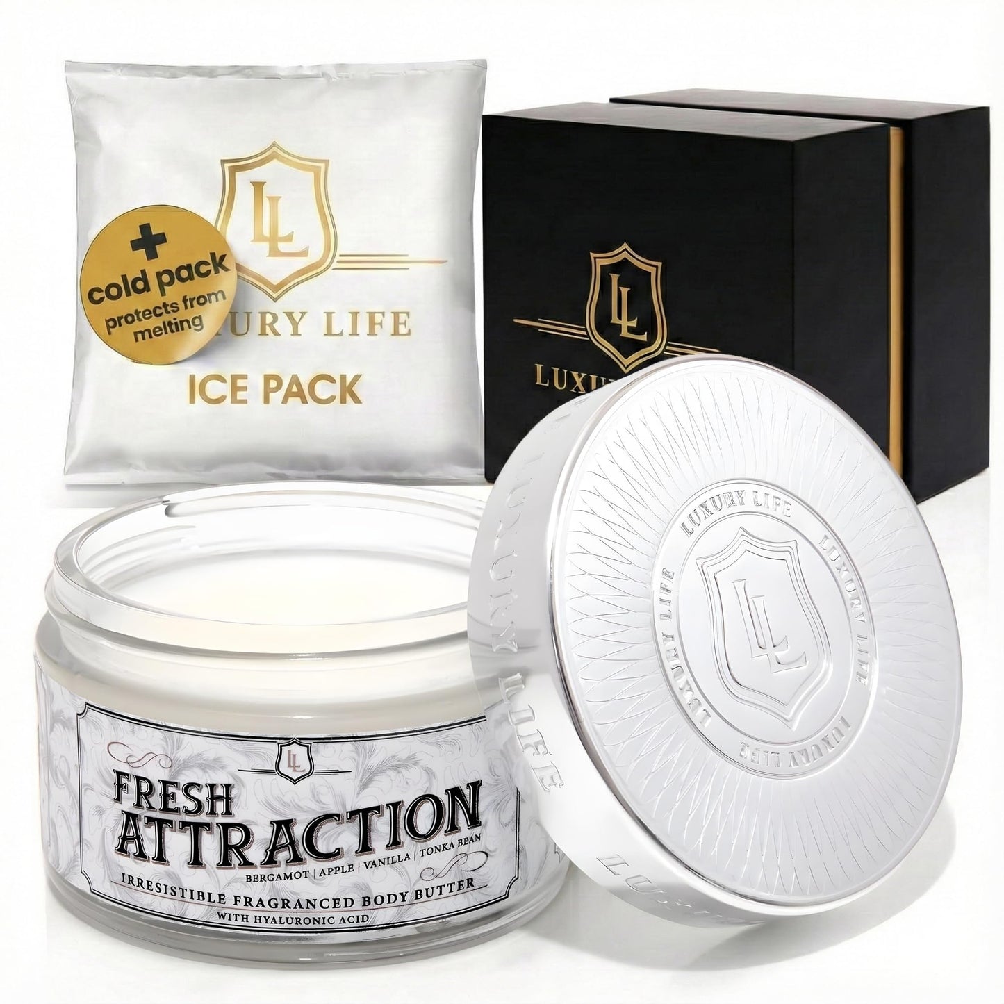LUXURY LIFE BUTTER - 40% Extrait de Parfum Fragranced Body Butter with Hyaluronic Acid for Ultimate Moisture - Luxurious Room-Filling Natural Fragrances - Non-Greasy, USA Made, Fresh Attraction, 5 oz
