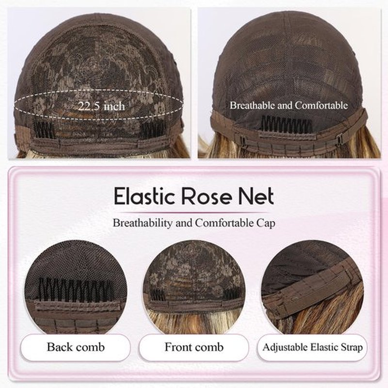 EMMOR Long Straight Yaki Wigs for Women with Bangs Comfortable Elastic Band 26 Inch Heat-resistant Synthetic Fibers(Mixed Brown)