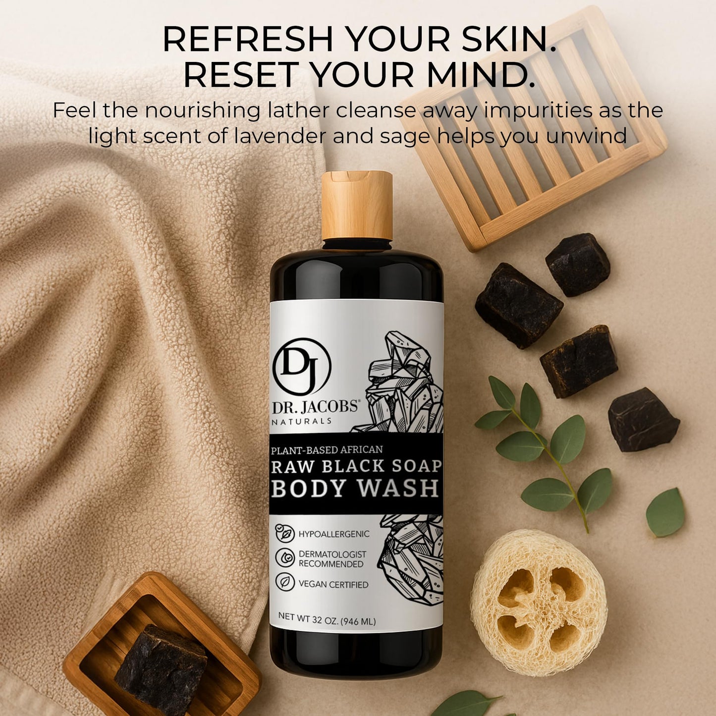 Dr Jacobs Naturals Authentic African Raw Black Soap, All-In-One Cleanser for Face Wash, Sensitive Skin Body Wash, Shampoo, Shaving Soap | Shea Butter Moisturizing and Nourishing Formula | 16oz 1pk