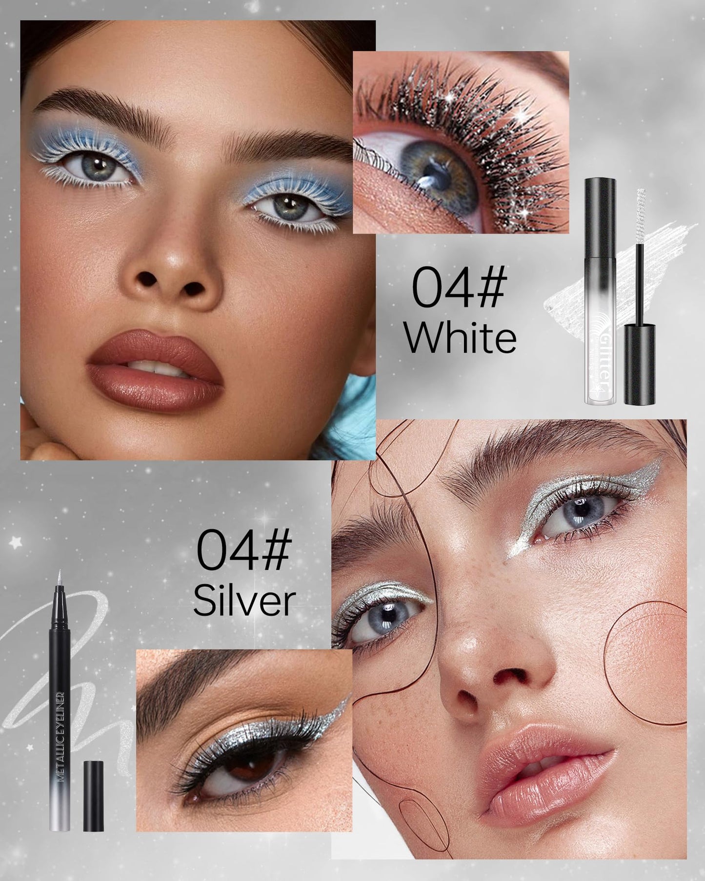 Glitter Mascara and Eyeliner Set, Diamond Sparkle Effect, Lengthening Volumizing Shimmer Colored Mascara for Eyelash, Waterproof Metallic Glitter Eyeliner Liquid, Women Party Eye Makeup-White Silver
