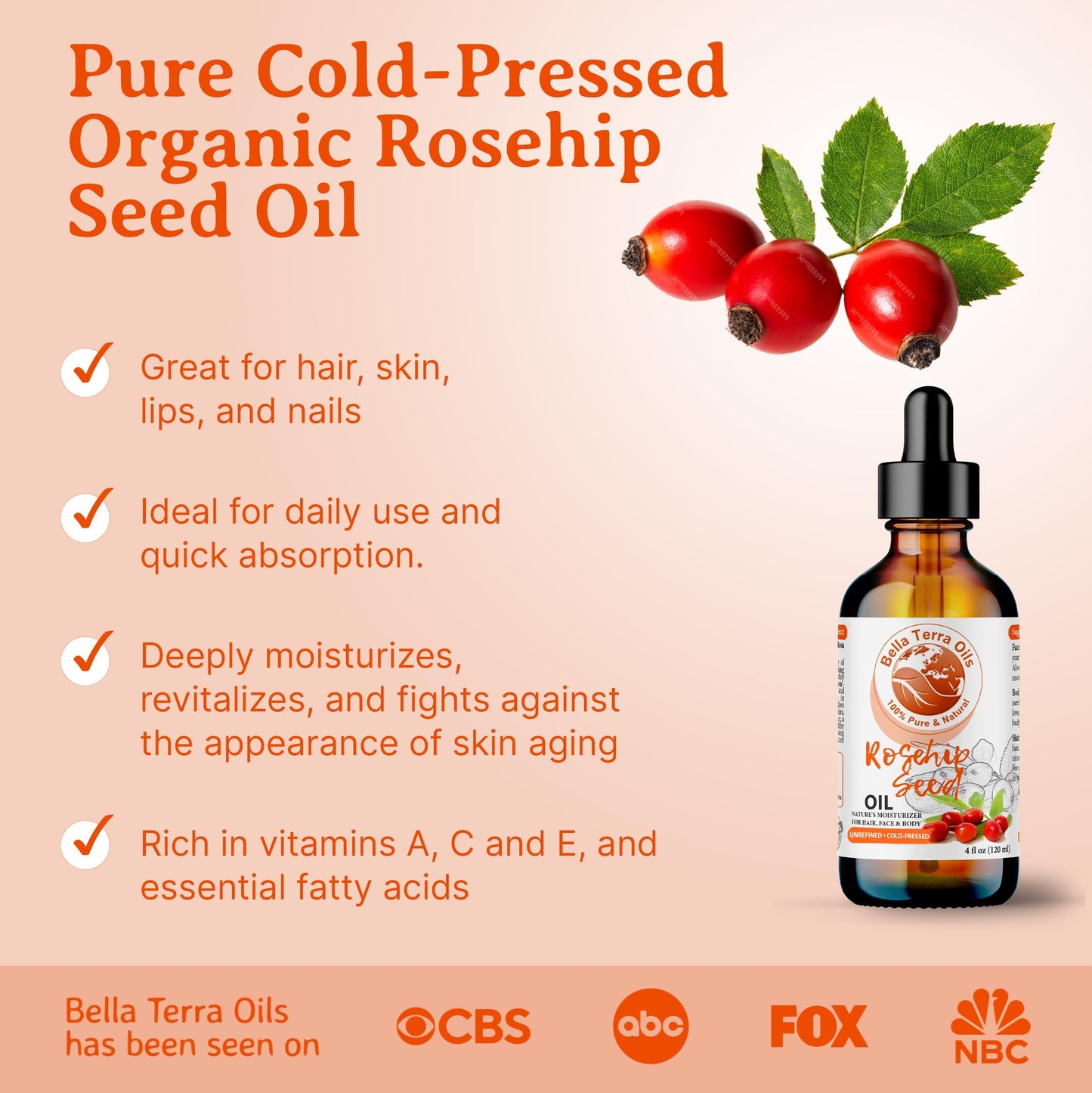 Bella Terra Oils Natural Rosehip Oil for Face, Pure Cold-Pressed Rose Hip Seed Oil for Skin & Hair, Natural Moisturizer & Anti-Aging Facial Oil 16oz