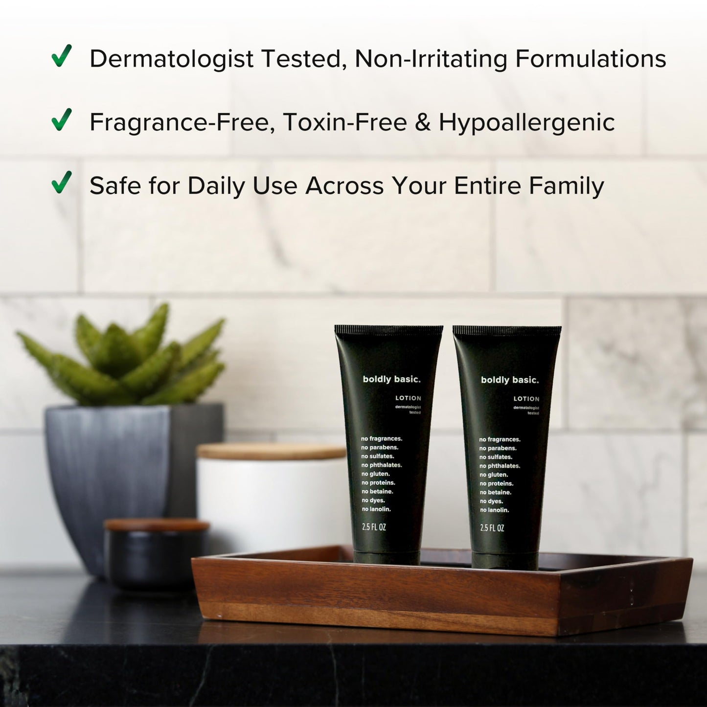 Boldly Basic Fragrance Free Lotion - Moisturizer for Dry and Sensitive Skin - Non Greasy - Unscented - Dermatologist Tested - No Sulfates, Parabens or Gluten - Travel Size 2 Pack (2.5 oz Each)