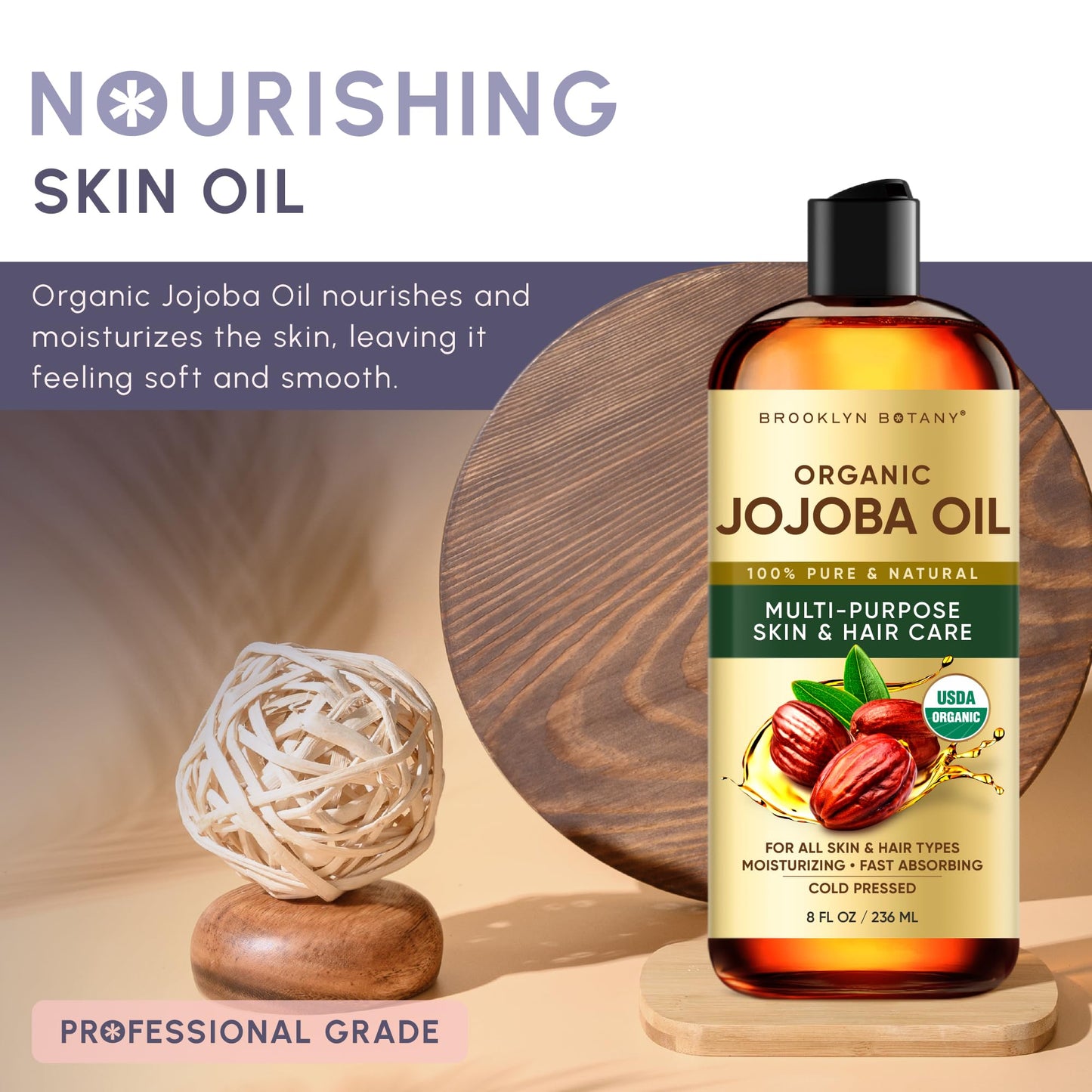 Brooklyn Botany Cold-Pressed Organic Jojoba Oil | 28 Fl Oz | Hair | Face | Body | 100% Pure and Natural | Carrier Oil | Aromatherapy | Massage | Ayurvedic Hair Care | Hexane-Free