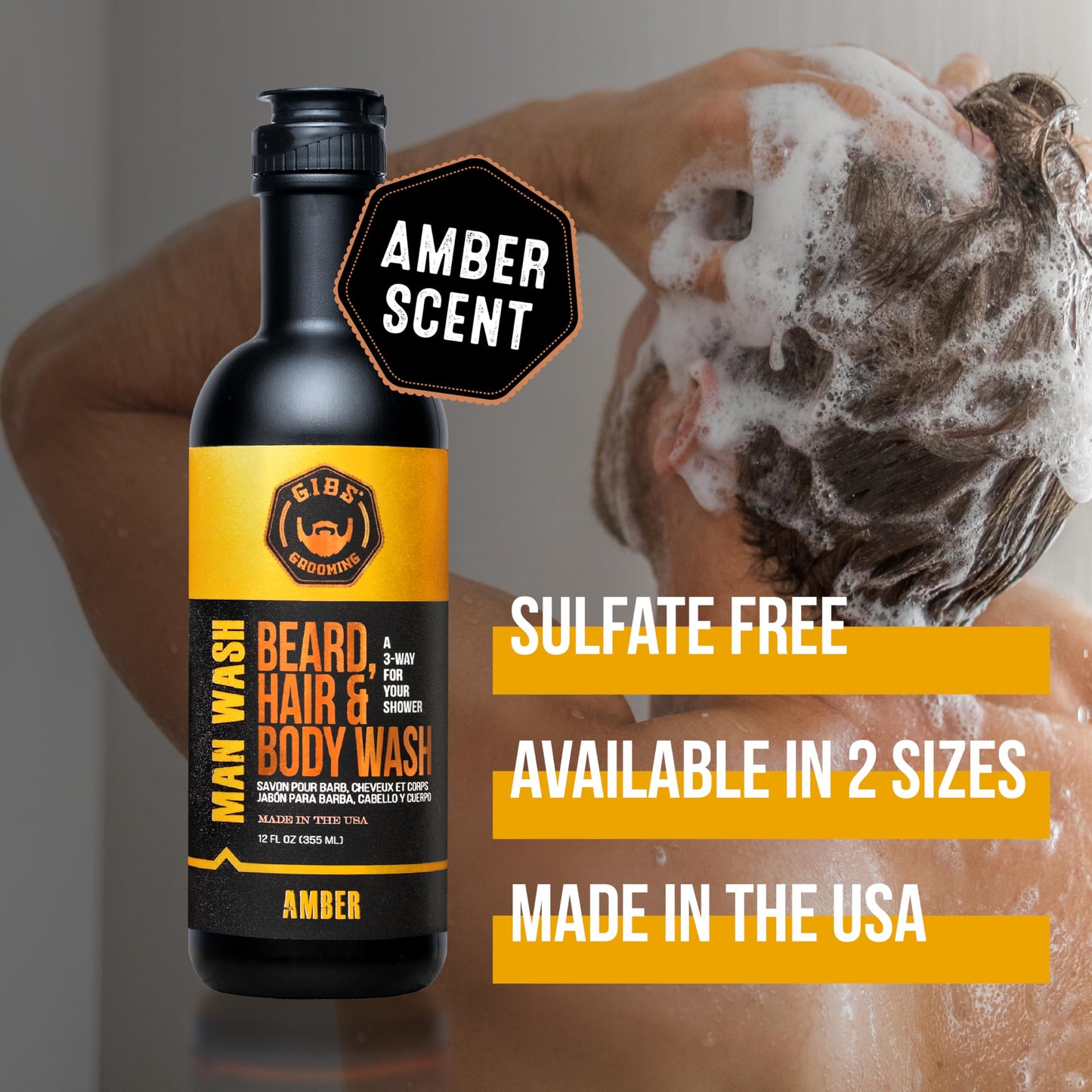 GIBS Grooming - Amber Man Wash (12 fl oz) 3-in-1 Beard, Hair, Body Soap - Citrus, Oak, Basil Scent - Sulfate Free - Tea Tree Oil, Hemp Oil, Protein - Mens Body Wash & Mens Shampoo - Made in USA