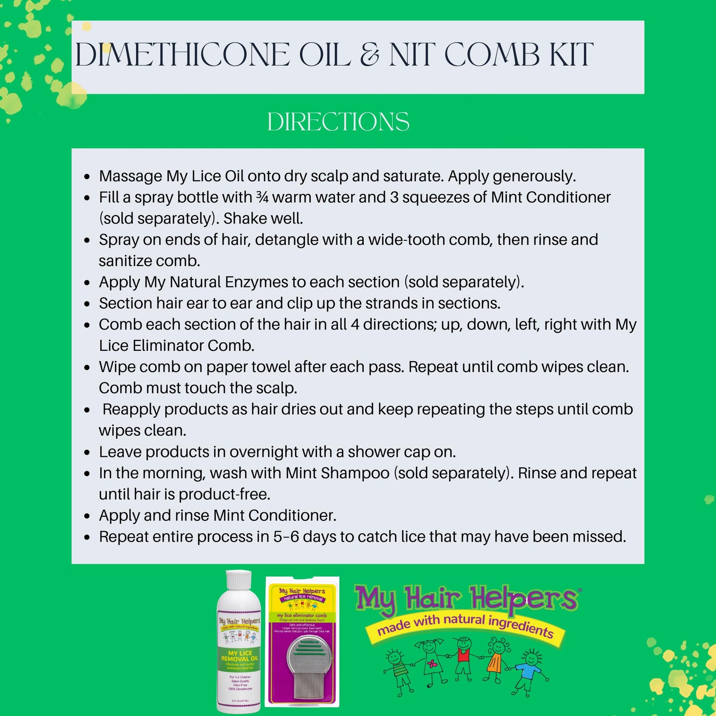 My Hair Helpers Unscented Dimethicone Oil and Nit Comb Lice Removal Kit for Kids, Works on 1-2 Children, 100% Effective