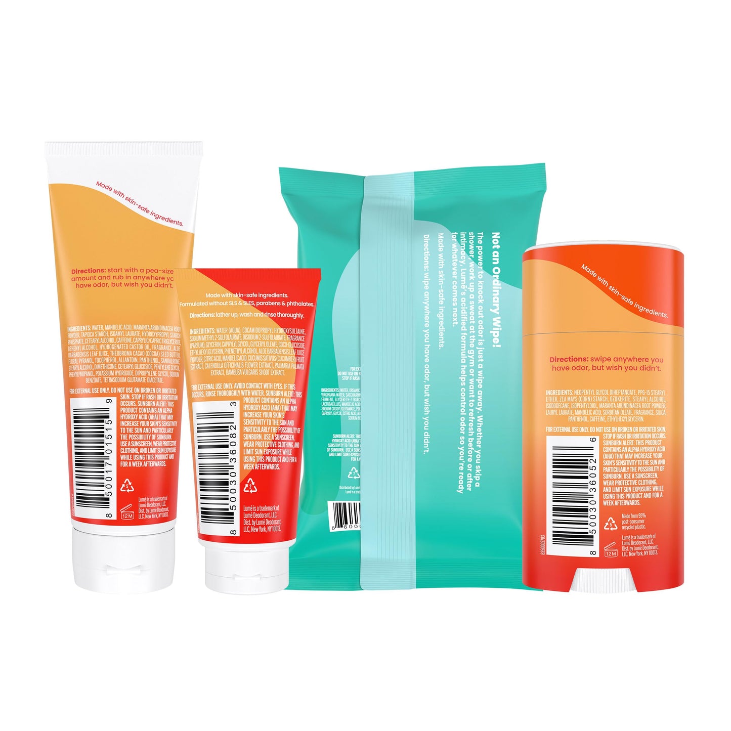 Lume Skin Care Gift Set for Women, Whole Body Deodorant Starter Pack -Smooth Solid Stick, Invisible Cream Tube, Acidified Body Wash Mini & Deodorant Wipes -Aluminum Free Odor Control (Toasted Coconut)