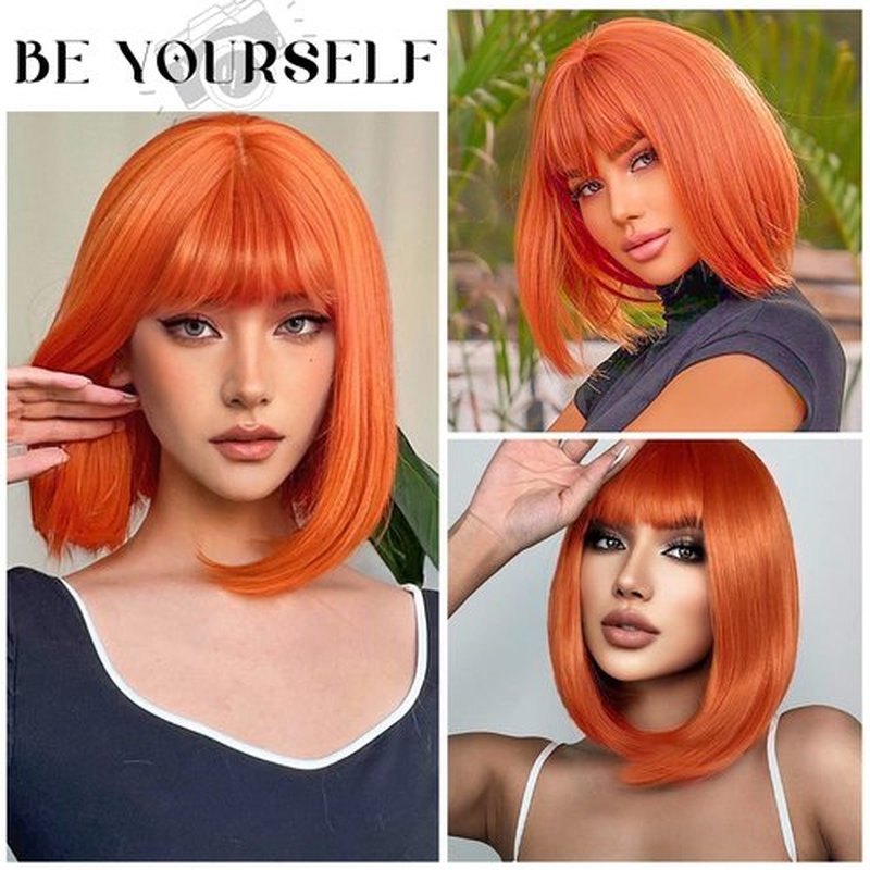Short Bob Wigs With Bangs - Straight bob wig for women Ginger 12inch Synthetic wig Heat Resistant Fiber Hair Natural and stylish look suitable for cosplay parties…