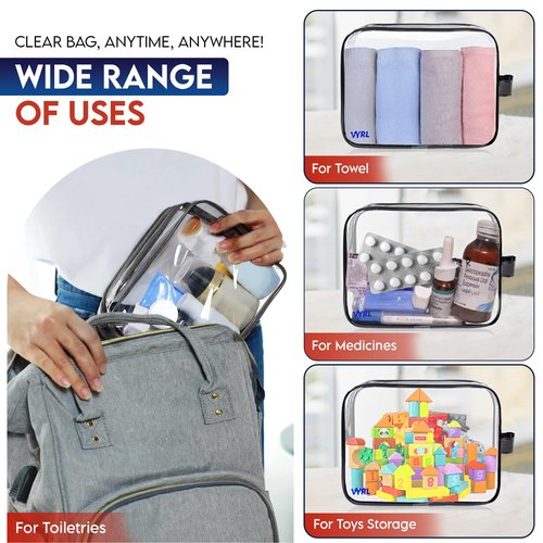 VYRL 4-Pack Clear Makeup Bags – 2 Large & 2 Small TSA-Approved Quart-Size Toiletry Bags – Water-Resistant Durable PVC Pouches with Zippers for Travel Essentials & Carry-On Accessories – Black