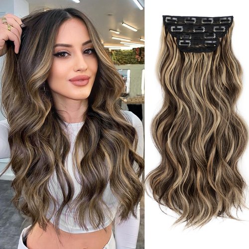 QGZ Clip in Hair Extensions for Women 4 PCS Set of Thick, Synthetic Long Wavy Hairpieces 20 Inch Dark Brown Mixed Blonde