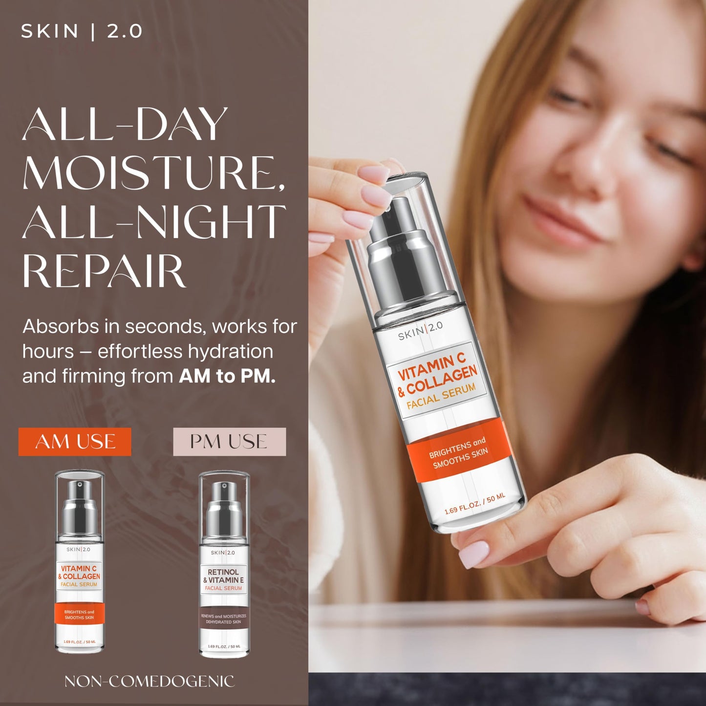 Skin 2.0 Retinol & Vitamin E + Collagen & Vitamin C Serum For Face – Dermatologist Tested, Anti Aging, Korean Skin Care – Smooths Lines, Firms, Hydrates, Revitalizes – Vegan, Clean Beauty – Pack of 2