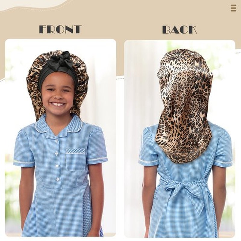 Kids Long Hair Bonnet for Sleeping - Double Layer Girls Elastic Satin Bonnet with Tie Band for Braid Curly Hair (Leopard+Black)