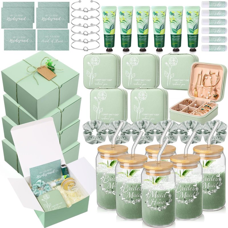 Teenyyou 60 Pcs Bridesmaid Proposal Gifts Bridesmaid Box Set Maid of Honor Gift Wedding Bridal Shower Include Jewelry Box Glass Cup Scrunchies Hair Knotted Bracelets Hand Cream Lip Balm Cards(Green)