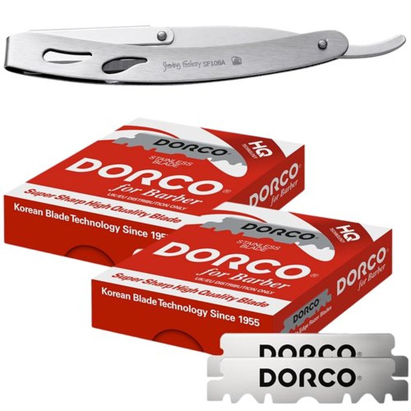 The Shave Factory Straight Edge Razor Kit (Steel Razor / 200 Dorco Single Edge Razor Blades Red)