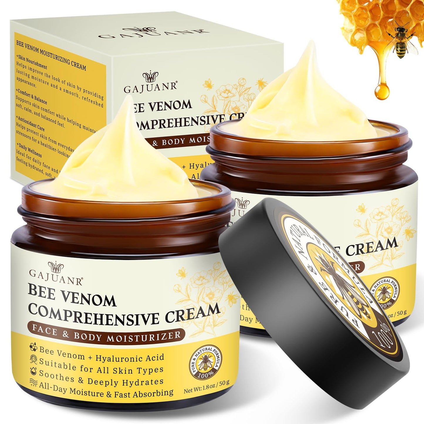 GAJUANR Bee Venom Moisturizing Cream, All-in-One Nourishing Moisturizer with Hyaluronic Acid, Firming & Hydrating Face and Body Cream, Natural Gentle Formula for All Skin Types (50g * 2PCS)