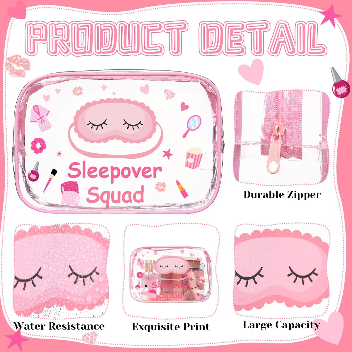 Aliceset 8 Pcs Sleepover Party Favors Sleepover Squad Make up Bags Waterproof Slumber Pajama Party Supplies Spa Birthday Overnight Sleep over Favors(Pink)