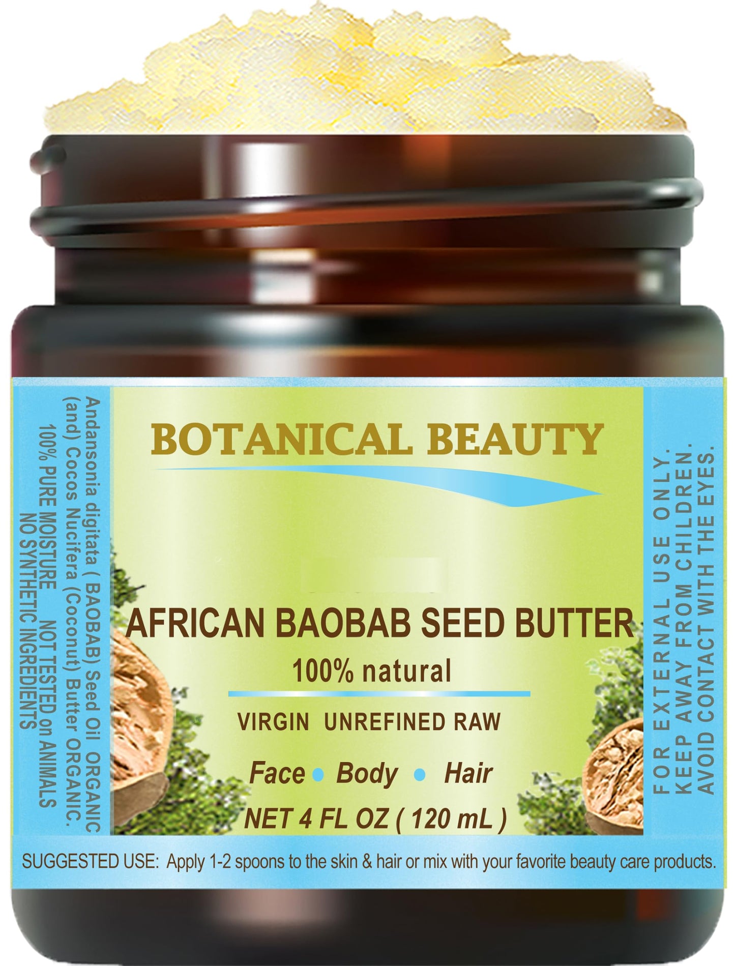 Botanical Beauty BAOBAB OIL BUTTER. 100% Natural RAW VIRGIN UNREFINED Cold Pressed for Face, Skin, Damaged Hair, Lips, Nails 4 Fl. oz. - 120 ml. Rich in Vitamin C