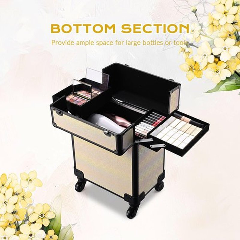 BYOOTIQUE Rolling Makeup Train Case Aluminum Cosmetic Case Portable Makeup Organizer Suitcase with Removable Wheels Cosmetic Trolley Organizer Salon Makeup Artist Nail Tech,Grace ForgetMeNo