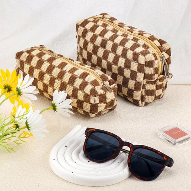 ZLFSRQ 2Pcs Checkered Makeup Bag for Women Pencil Pouch Travel Small Cosmetic Bag Set Cute Makeup Pouch Purse Pencil Case Pencil Bag Zippered Toiletry Bag Organizer Preppy Trendy Storage Bag(Brown)